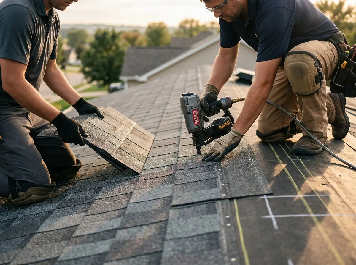 Professional roofer working on a residential roof in Fortuna